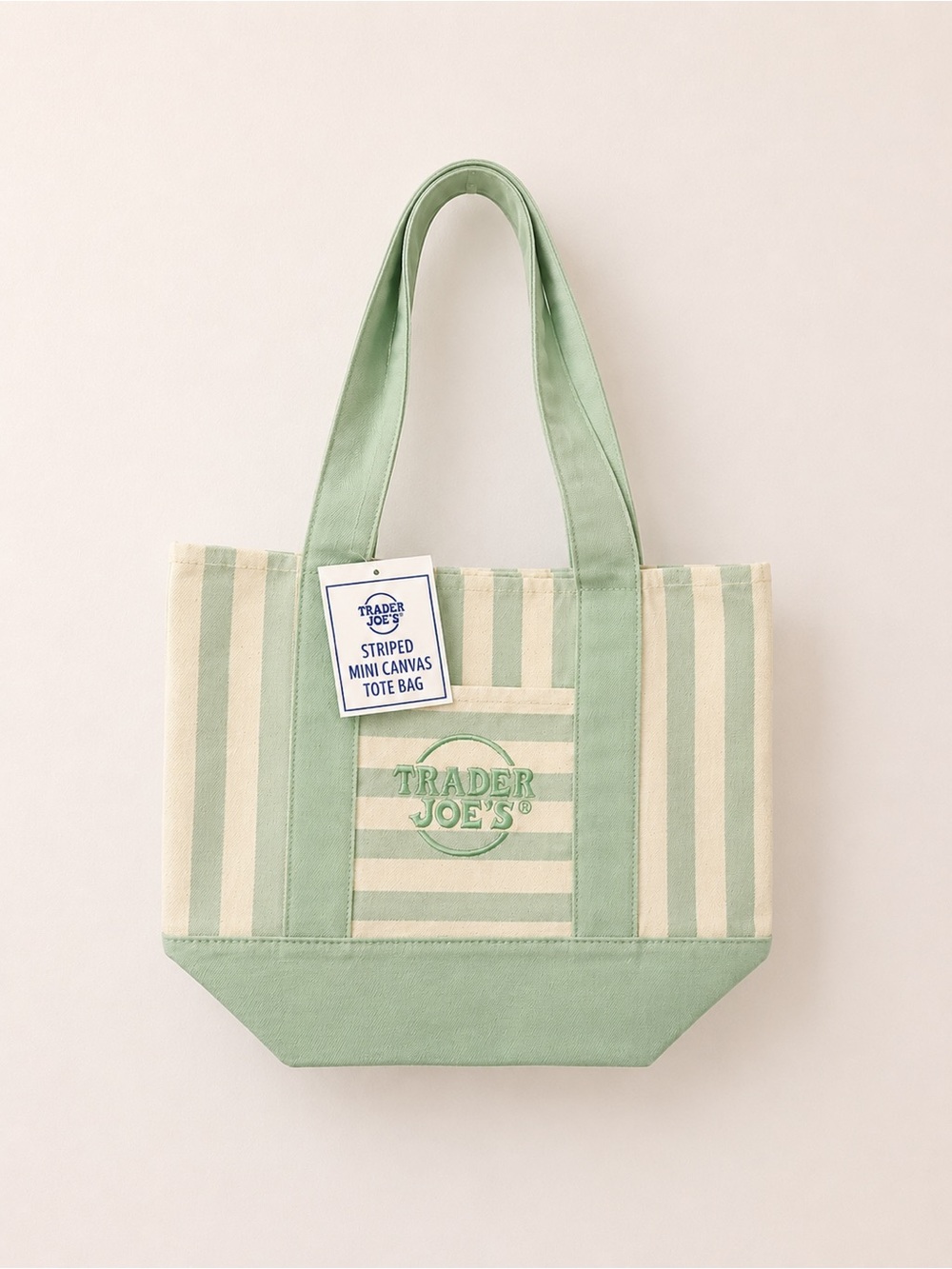 Limited Edition Trader Joes Mint Green Striped Canvas Tote Bag
